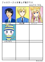1girl 2boys black_hair blonde_hair blue_eyes character_name character_request creature elicia_(luminous_arc_2) followers_favorite_challenge luminous_arc luminous_arc_2 multiple_boys multiple_drawing_challenge open_mouth ouran_high_school_host_club smile suou_tamaki upper_body user_rzyh5534 veil