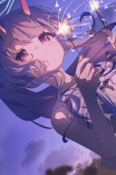 Rule 34 | 1girl, absurdres, bikini, blue archive, blue bikini, blue hair, blue halo, blush, chise (blue archive), chise (swimsuit) (blue archive), closed mouth, collar, demon girl, demon horns, from below, halo, highres, holding, holding fireworks, horns, kazueru, long hair, looking at viewer, official alternate costume, official alternate hairstyle, ponytail, red eyes, see-through clothes, see-through shirt, shirt, sleeveless, sleeveless shirt, smile, solo, striped bikini, striped clothes, swimsuit, white collar