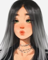Rule 34 | 1girl, aegyo sal, black coat, black hair, coat, facing viewer, gradient hair, green eyes, hair over shoulder, highres, long hair, multicolored hair, multiple necklaces, o3o, original, portrait, puckered lips, sam yang, silver necklace, simple background, solo, sparkling eyes, white background, white hair