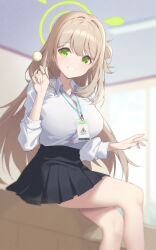 1girl absurdres abydos_high_school_logo black_skirt blonde_hair blue_archive blurry breasts collared_shirt commentary green_eyes green_halo hair_between_eyes halo highres holding id_card indoors jei_(user_tckk7448) large_breasts long_hair long_sleeves looking_at_viewer mimikaki nonomi_(blue_archive) open_mouth pleated_skirt school_uniform shirt sitting skirt smile solo very_long_hair white_shirt