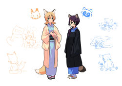 2929gigamax 2girls absurdres animal_ears black-framed_eyewear blonde_hair blue_kimono closed_mouth daiba_nana fox fox_ears fox_girl fox_tail full_body glasses green_eyes highres hoshimi_junna japanese_clothes kemonomimi_mode kimono kotatsu long_hair long_sleeves looking_at_viewer low_ponytail multiple_girls multiple_views obi own_hands_together ponytail purple_hair raccoon raccoon_ears raccoon_girl raccoon_tail sandals sash shoujo_kageki_revue_starlight smile snowman socks standing table tail white_background white_socks