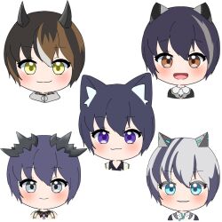 5girls :3 :d animal_ears animare black_hair black_horns black_shirt blue_eyes bluekasumi_v blush brown_eyes brown_hair cat_ears cat_girl closed_mouth commentary ginneko_nanashi grey_hair haineko_nanashi highres hiyoku_no_crosspiece honey_strap horns kuroneko_nanashi looking_at_viewer mechanical_ears mikeneko_nanashi multicolored_hair multiple_girls muraneko_nanashi nanashi_inc. open_mouth portrait purple_eyes purple_hair shirt short_hair simple_background smile streaked_hair sugar_lyric symbol-only_commentary upper_body v_ap_art white_background yellow_eyes