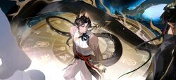 1boy 1other absurdres animal_ears arknights black_suit chinese_commentary chinese_zodiac chongyue_(arknights) closed_eyes commentary_request dragon dragon_boy dragon_ears dragon_horns dragon_tail earrings formal_clothes highres horns jewelry male_focus multiple_views pants pointy_ears ponytail shirt somnolence_(hranxy) suit tail white_pants white_shirt