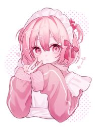 Rule 34 | 1girl, :&lt;, = hair ornament, apron, closed mouth, commentary, cross hair ornament, frilled apron, frills, hair between eyes, hair bobbles, hair intakes, hair ornament, hair ribbon, hairclip, heart, highres, ibispaint (medium), jacket, jersey maid, light frown, looking at viewer, maid, maid headdress, original, pink eyes, pink hair, pink jacket, pink theme, red ribbon, ribbon, shiina (user ecjx4545), short hair, sleeves past fingers, sleeves past wrists, solo, symbol-only commentary, translated, two side up, unconventional maid, upper body, v, white apron, white background