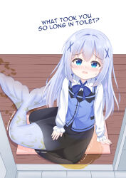 1girl absurdres black_skirt blue_bow blue_bowtie blue_eyes blue_hair blue_vest blush bow bowtie chabashira_ribbon collared_shirt commentary embarrassed english_commentary english_text flat_chest gochuumon_wa_usagi_desu_ka? hair_ornament highres kafuu_chino loli long_hair long_sleeves looking_at_viewer mermaid monster_girl monsterification open_mouth paid_reward_available pee peeing peeing_self rabbit_house_uniform shirt sitting skirt solo trembling vest white_shirt wooden_floor x_hair_ornament