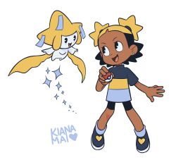 1girl afro_puffs aika_(kiana_mai) dark-skinned_female dark_skin earrings flying gen_3_pokemon highres i_don&#039;t_want_to_be_a_magical_girl jewelry jirachi kiana_mai legendary_pokemon mythical_pokemon nintendo poke_ball pokemon shirt shoes shorts smile t-shirt toon_(style)