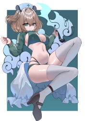 1girl absurdres animal_ears bikini black_shoes breasts brown_hair crossed_bangs green_background green_bikini green_eyes hair_between_eyes hashtag-only_commentary hat high_heels highleg highleg_bikini highres holding holding_smoking_pipe indie_virtual_youtuber large_breasts long_sleeves looking_at_viewer medium_hair navel nimi_nightmare nurse_cap shoes side_ponytail smile smoking_pipe solo swimsuit tapir_ears tapir_girl thighhighs trap_(drthumt) two-tone_background virtual_youtuber white_background white_thighhighs