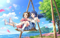 Rule 34 | 2girls, blue hair, brown eyes, brown hair, center frills, cloud, falling petals, fence, field, flower, flower field, frills, game cg, grass, high heels, holding hands, idolmaster, idolmaster cinderella girls, idolmaster cinderella girls starlight stage, kneehighs, mountainous horizon, multiple girls, neck ribbon, official art, on swing, open mouth, petals, red eyes, ribbon, sajo yukimi, sitting, skirt, socks, sparkle, sunlight, swing, swinging on swing, tree, water, yanase miyuki