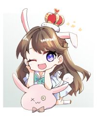 1girl ;d animal_ears aqua_neckerchief arched_crown blue_dress brown_hair chibi chibi_only commentary crown dress fujishima_megumi full_body hands_on_own_cheeks hands_on_own_face highres kanduki_kamibukuro kemonomimi_mode kneeling link!_like!_love_live! long_hair looking_at_viewer love_live! medium_dress neckerchief one_eye_closed open_mouth pleated_dress puffy_short_sleeves puffy_sleeves purple_eyes rabbit_ears rabbit_tail red_crown sailor_collar sailor_dress short_sleeves smile solo stuffed_animal stuffed_rabbit stuffed_toy tail two_side_up virtual_youtuber white_sailor_collar zenhoi_kyun