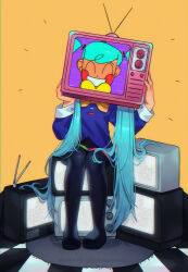 1girl aqua_hair black_boots black_skirt blue_shirt blush_stickers boots closed_eyes commentary crt csyko_(csyk00) facing_viewer faux_retro_artstyle full_body grin hatsune_miku highres holding long_hair long_sleeves rug shirt sitting skirt smile solo static static_(vocaloid) symbol-only_commentary thigh_boots twintails very_long_hair vocaloid yellow_background