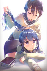 2girls black_hair blue_hair bobby_pin book chair closed_mouth commentary hair_between_eyes highres long_hair long_sleeves minawa mouth_hold multiple_girls neckerchief purple_eyes sailor_collar saitou_ena school_uniform serafuku shima_rin sidelocks sweater table tying_hair white_background white_neckerchief yurucamp