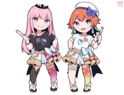 Rule 34 | 2girls, asymmetrical legwear, beret, black shirt, black thighhighs, blue bow, blunt bangs, boots, bow, bow skirt, character badge, crown, death-sensei (mori calliope), earrings, feather earrings, feathers, frilled thigh strap, gold trim, gradient legwear, hat, hat bow, hayate fish, highres, hololive, hololive english, jewelry, kotori (takanashi kiara), layered skirt, long hair, mismatched legwear, mori calliope, multiple girls, orange hair, orange legwear, pink eyes, pink hair, pink legwear, shirt, sidelocks, simple background, single thighhigh, skirt, smile, t-shirt, takanashi kiara, thigh strap, thighhighs, virtual youtuber, white bow, white footwear, white headwear, white shirt, white skirt