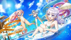 Rule 34 | 3girls, :o, barefoot, blowing whistle, blue eyes, breasts, competition swimsuit, cropped jacket, dark-skinned female, dark skin, day, dolphin wave, game cg, grey hair, highleg, highleg one-piece swimsuit, highres, hime cut, innertube, jacket, jumping, large breasts, long hair, medium hair, multiple girls, nagato mei, non-web source, official art, one-piece swimsuit, one eye closed, ootomo takuji, open mouth, palm tree, pink eyes, pink hair, pointing, pool, poolside, purple hair, schnee weissberg, slide, small breasts, smile, splashing, sunlight, swim ring, swimsuit, tree, twintails, umbrella, urami kana, visor cap, water slide, waterpark, wavy hair