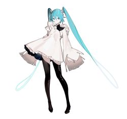 1girl alternate_costume aqua_eyes aqua_hair arms_at_sides asymmetrical_clothes black_boots black_thighhighs boots closed_mouth detached_sleeves dress eyes_visible_through_hair female_focus frilled_dress frills full_body hair_between_eyes hair_ribbon hair_rings hatsune_miku high_heel_boots high_heels highres layered_dress long_hair long_sleeves looking_at_viewer pigeon-toed ribbon sidelocks simple_background single_detached_sleeve sleeves_past_fingers sleeves_past_wrists smile solo standing thigh_boots thighhighs twintails very_long_hair vocaloid vocaloid_boxart_pose white_background white_dress white_ribbon wide_sleeves yyb zettai_ryouiki