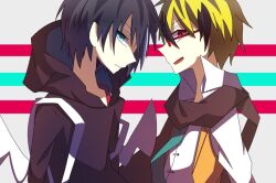 2boys angel_wings backpack bag black_hair black_scarf blue_eyes braid green_necktie hood hood_down lawless_(servamp) licht_jekylland_todoroki male_focus mi2457 multicolored_hair multiple_boys necktie red-framed_eyewear red_eyes scarf servamp short_hair two-tone_hair white_hair wings