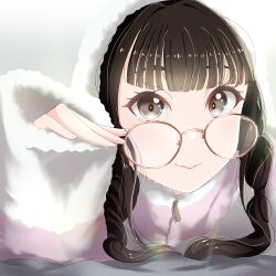 Rule 34 | 1girl, absurdres, animification, blunt bangs, blush, brown-framed eyewear, closed mouth, commentary request, fur jacket, glasses, grey eyes, highres, hood, hood up, jacket, long sleeves, looking at viewer, low twintails, lying, nonaka kokona, on stomach, pink jacket, real life, shirane nanimo, sleeves past wrists, smile, solo, twintails, upper body, voice actor