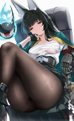 1girl animal_ear_fluff animal_ears armored_gloves asymmetrical_gloves black_gloves black_hair black_skirt closed_mouth collarbone cyicheng fingerless_gloves gloves hoshimi_miyabi long_hair looking_at_viewer mismatched_gloves red_eyes shirt shirt_tucked_in sitting skirt solo tailless_(zenless_zone_zero) thighs white_background white_shirt zenless_zone_zero