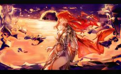 1girl ancient_greek_clothes armor augusta_(wuthering_waves) breastplate chromatic_aberration commentary cowboy_shot earrings greco-roman_clothes hachi_shoku_mare highres jewelry letterboxed long_hair looking_ahead orange_eyes parted_lips red_hair solo sun_earrings wuthering_waves