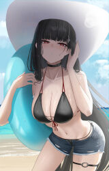Rule 34 | 1girl, absurdres, alternate costume, beach, bikini, black bikini, black choker, black hair, blue archive, blue innertube, blue shorts, blue sky, blush, breasts, choker, cleavage, collarbone, commentary request, day, denim, denim shorts, front-tie bikini top, front-tie top, hair ornament, hairclip, hat, highres, holding, holding swim ring, innertube, large breasts, long hair, looking at viewer, navel, o-ring, o-ring thigh strap, ocean, open clothes, open shorts, outdoors, red eyes, rio (blue archive), short shorts, shorts, skindentation, sky, solo, sun hat, swim ring, swimsuit, thigh strap, thighs, very long hair, white hat, yamikyon