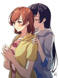 2girls aijou_karen aoi_hane black_hair blue_sleeve_cuffs blush brown_eyes brown_hair brown_shirt closed_eyes closed_mouth collarbone commentary_request corrupted_twitter_file drawstring facing_another front-to-back grey_jacket hair_down hands_on_another&#039;s_shoulders hands_up highres hood hood_down hooded_jacket hooded_track_jacket jacket kagura_hikari long_hair looking_ahead multiple_girls one_eye_covered parted_bangs pink_shirt shirt short_hair short_sleeves shoujo_kageki_revue_starlight sideways_mouth signature simple_background smile steepled_fingers three-quarter_sleeves track_jacket two-tone_shirt upper_body wavy_mouth white_background yuri