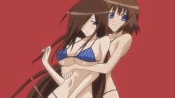 15_bishoujo_hyouryuuki 2girls animated animated_gif bikini bikini_pull blue_bikini breasts brown_hair censored clothes_pull covered_erect_nipples long_hair multiple_girls navel pussy red_bikini satake_hikari satake_kageko short_hair siblings sisters swimsuit underboob undressing very_long_hair