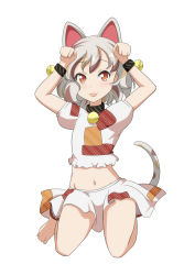 1girl :3 :d animal_ears bad_feet barefoot bell black_collar blush bracelet cat_ears cat_tail cato_(monocatienus) collar commentary_request crop_top flat_chest goutokuji_mike grey_hair groin hands_up highres jewelry jingle_bell kneeling looking_at_viewer midriff multicolored_hair navel open_mouth orange_eyes paw_pose puffy_short_sleeves puffy_sleeves shirt short_hair short_sleeves simple_background skirt skirt_set slit_pupils smile solo streaked_hair tail thighs touhou white_background white_shirt white_skirt