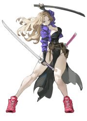 Rule 34 | 1girl, absurdres, arowana2111, bikini, bikini under clothes, black dress, blue eyes, breasts, brown hair, cleavage, closed mouth, commentary, dress, english commentary, expressionless, fighting stance, full body, highres, holding, holding sheath, holding sword, holding weapon, katana, large breasts, legs apart, long hair, long sleeves, looking ahead, original, purple dress, red shoes, scabbard, sheath, shoelaces, shoes, sneakers, solo, standing, swimsuit, sword, weapon, white background