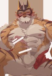 1boy abs animal_ears bar_censor bara bare_pectorals beige_fur blush censored erection facial_hair feet_out_of_frame fur-trimmed_jacket fur_trim furry furry_male goatee hachi_duchi highres jacket large_pectorals large_penis live_a_hero male_focus male_masturbation mask masturbation muscular muscular_male naked_jacket nipples official_alternate_costume open_clothes open_jacket orange_fur pectorals penis precum red_jacket ryekie_(live_a_hero) santa_costume short_hair solo spread_legs stomach thick_thighs thighs tiger_boy tiger_ears two-tone_fur veins veiny_penis