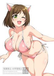 Rule 34 | 1girl, :3, alternate breast size, animal ear hairband, animal ears, asuhiro (handsome aniki), bikini, breasts, brown hair, cat ears, cleavage, collarbone, commentary, fake animal ears, green eyes, hairband, highres, idolmaster, idolmaster cinderella girls, large breasts, looking at viewer, maekawa miku, one eye closed, pink bikini, short hair, side-tie bikini bottom, simple background, solo, swimsuit, watermark, white background