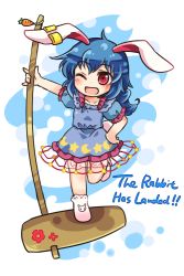 1girl animal_ears blue_background blue_dress blue_hair bobby_socks charm_(object) chibi dress earclip english_text female_focus full_body hand_on_own_hip kine long_hair mallet one_eye_closed open_mouth pote_(ptkan) rabbit_ears red_eyes seiran_(touhou) smile socks solo standing standing_on_one_leg touhou