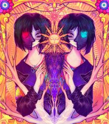 2girls absurdres black_hair blue_nails border commentary crescent crimescenepartz energy english_commentary flower half_mask hand_up highres ishtar_(peripeteia) jacket leaning_to_the_side lilith_(peripeteia) looking_at_viewer magic magic_circle mask multicolored_shirt multiple_girls nazar_(amulet) ornate_border pentacle pentagram_necklace peripeteia purple_eyes purple_jacket red_nails shirt short_hair siblings sisters smile star_(symbol) sun_symbol sun_with_face sunburst sunburst_background symmetrical_hand_pose symmetrical_pose symmetry tree twins wheel_of_dharma witch