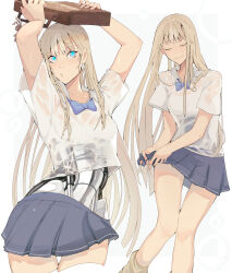 1girl absurdres bag blonde_hair blue_bow blue_bowtie blue_eyes blunt_bangs bow bowtie brown_leg_warmers ecomoesty highres holding holding_bag leg_warmers long_hair looking_up mechabare original shirt short_sleeves skirt wet wet_clothes wet_shirt white_shirt wringing_clothes wringing_skirt