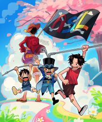 3boys aged_down arm_up arms_up black_hair black_hat blonde_hair blue_jacket blue_shorts blue_sky boots brown_shorts cherry_blossoms child cloud cloudy_sky commentary falling_petals flag flower from_behind fur-trimmed_shorts fur_trim goggles goggles_on_headwear hand_on_own_hip hat highres holding holding_flag holding_lead_pipe jacket ki2ri5 lead_pipe monkey_d._luffy multiple_boys one_piece open_clothes open_jacket open_mouth petals portgas_d._ace purple_sash red_shirt running sabo_(one_piece) sandals sash shirt short_hair shorts sky sleeveless sleeveless_shirt smile standing straw_hat symbol-only_commentary white_flower yellow_shorts