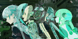 Rule 34 | 1girl, absurdres, android, bbchao, blue hair, chinese commentary, circuit board, closed mouth, commentary request, disassembly, exposed internal machinery, eyeball, from side, green background, highres, juliet sleeves, long hair, long sleeves, looking at viewer, mechabare, original, pale skin, profile, puffy sleeves, see-through body, translucent hair, twintails, upper body, yellow eyes