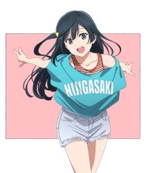 1girl :d black_hair blue_shirt blush border clothes_writing collarbone cowboy_shot grey_eyes grey_shorts hair_ornament highres long_hair looking_at_viewer love_live! love_live!_nijigasaki_high_school_idol_club one_side_up open_mouth outside_border outstretched_arms pink_background red_tank_top sano_keiichi shirt short_shorts shorts simple_background single_bare_shoulder smile solo striped_tank_top tank_top torn_clothes torn_shorts triangle_hair_ornament white_border yuki_setsuna