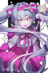 Rule 34 | 1girl, blue hair, bow, bowtie, dress, gloves, hair bow, hairband, hand on own face, hatsune miku, holding, holding staff, ima sugu rinne (vocaloid), long hair, mage staff, magical girl, open mouth, pink bow, pink bowtie, pink dress, pink eyes, pink hairband, ryofuhiko, solo, staff, star-shaped pupils, star (symbol), symbol-shaped pupils, twintails, very long hair, vocaloid, white bow, white gloves