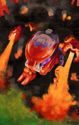 bionicle bohrok_(bionicle) burning fire from_above grass highres neoruke no_humans non-humanoid_robot purple_eyes robot tahnok_(bionicle) the_lego_group