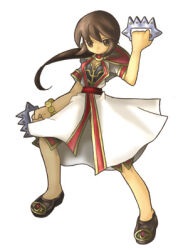 1girl 2000s_(style) artist_request bad_id black_shirt brass_knuckles brown_eyes brown_hair brown_shoes closed_mouth coat expressionless fighting_stance full_body hood hooded_coat long_hair looking_at_viewer lowres monk_(ragnarok_online) official_art ragnarok_online shirt shoes short_sleeves simple_background solo standing weapon white_background white_coat
