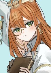 Rule 34 | 1girl, absurdres, ahoge, animal ear fluff, animal ears, arknights, black gloves, blue background, blush, book, brown hair, closed mouth, gloves, highres, holding, holding book, jacket, long hair, looking at viewer, monocle, monocle chain, papyrus (arknights), simple background, single glove, solo, udo (akn otk), upper body, white jacket