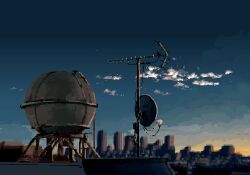 bird_on_power_lines blue_sky blurry building cityscape cloud cloudy_sky depth_of_field highres hisachan55cute no_humans original pixel_art rooftop scenery sky utility_pole water_tower