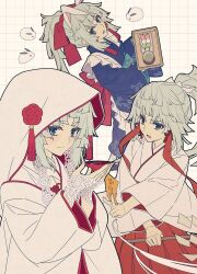 1girl amulet animal_ears apron blue_eyes cup dango fate/samurai_remnant fate_(series) food from_above gohei green_tea grey_hair hair_ribbon highres holding holding_cup holding_gohei japanese_clothes kimono long_hair looking_at_viewer looking_to_the_side miko multiple_views ponytail rabbit rabbit_ears red_eyes red_ribbon revision ribbon saipaco sakazuki sandals sidelocks smile tabi tea tray uchikake wagashi white_ribbon wide_sleeves yui_shousetsu_(fate) zouri