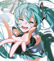 1girl absurdres aqua_eyes aqua_hair cowboy_shot english_text goodsmile_company hatsune_miku highres long_hair looking_at_viewer open_mouth smile solo teeth twintails very_long_hair vocaloid white_background yoneyama_mai