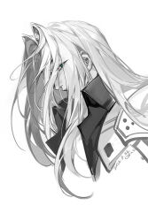 Rule 34 | 1boy, armor, cropped torso, curtained hair, dated, final fantasy, final fantasy vii, green eyes, greyscale, hair behind ear, high collar, long hair, looking to the side, male focus, monochrome, pauldrons, profile, sephiroth, shoulder armor, simple background, single pauldron, solo, spot color, tiandayu2022, white background, wing collar