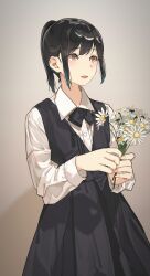 1girl absurdres anata_no_utahime_(lzr13708949567) aqua_hair black_dress black_hair bouquet brown_background brown_eyes daisy dress dress_shirt flower gradient_hair highres holding holding_flower multicolored_hair original school_uniform shirt smile solo white_flower white_shirt