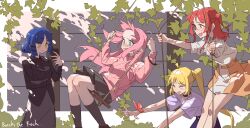 4girls absurdres blonde_hair blue_eyes blue_hair bocchi_the_rock! commentary copyright_name english_commentary glaw gotoh_hitori highres holding holding_phone ijichi_nijika jacket kita_ikuyo long_hair multiple_girls on_swing phone pink_hair pink_jacket ponytail red_hair short_hair swing yamada_ryo