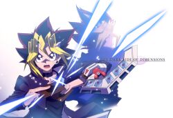 2boys atem back-to-back black_choker black_hair black_shirt blue_jacket card choker colored_bangs drawing_(action) duel_disk colored_bangs english_text facing_away facing_viewer holding holding_card jacket jacket_on_shoulders light_particles male_focus migime2450 multiple_boys muto_yugi open_clothes open_jacket open_mouth popped_collar purple_eyes shirt spiked_hair technology techwear white_background wind yu-gi-oh! yu-gi-oh!_the_dark_side_of_dimensions
