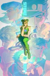 1girl 5boys anchor_symbol blonde_hair cd chain commentary_request copyright_name double_bun father_and_daughter full_body gakuran giorno_giovanna green_hair hair_bun head_rest higashikata_josuke highres jojo_no_kimyou_na_bouken joseph_joestar joseph_joestar_(young) kuujou_jolyne kuujou_joutarou looking_at_viewer lower_eyelashes_only multiple_boys parted_bangs pointing pompadour scarf school_uniform simple_background sleeveless smile star_tattoo stone_ocean tattoo thick_eyebrows twitter_username uu0000322
