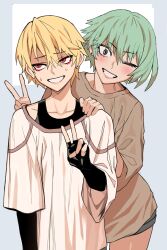 2boys absurdres aged_up androgynous bishounen blonde_hair eyebrows_hidden_by_hair eyelashes eyeliner fingerless_gloves gloves green_hair grey_eyes hair_between_eyes high_school_boy highres hong_iltak looking_at_viewer looking_to_the_side makeup multiple_boys red_eyeliner red_eyes sanpaku short_hair short_shorts shorts song_bin sweatdrop trap tsurime v vulcan_(ejel2000)