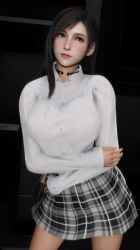 1girl 3d artist_request black_background black_hair breasts brown_eyes crossed_arms final_fantasy final_fantasy_vii final_fantasy_vii_remake highres large_breasts long_sleeves looking_to_the_side plaid_clothes plaid_skirt shirt skirt solo square_enix tifa_lockhart upper_body wenizy white_shirt