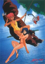 Rule 34 | 1980s (style), 2girls, absurdres, artist request, barefoot, bikini, blue hair, breasts, casual one-piece swimsuit, cleavage, day, dirty pair, dutch angle, highres, hugging own legs, island, kei (dirty pair), large breasts, logo, long hair, mughi, multiple girls, nanmo, navel, non-web source, official art, oldschool, one-piece swimsuit, open mouth, outdoors, parted lips, photo background, red bikini, red hair, retro artstyle, robot, rope, scan, short hair, swimsuit, v, water, yellow one-piece swimsuit, yuri (dirty pair)